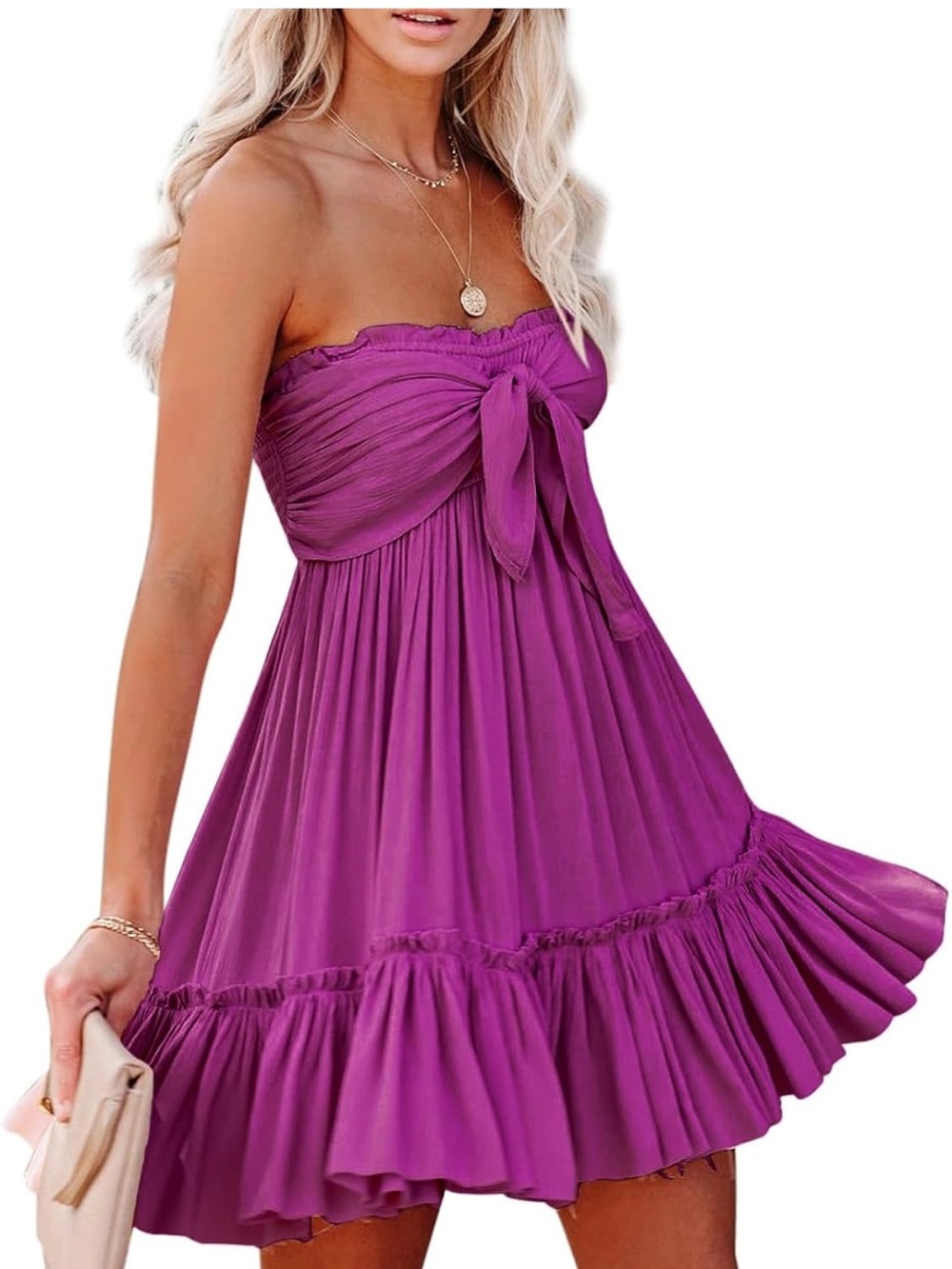 Strapless Purple Tie-Front Ruffle Hem Dress